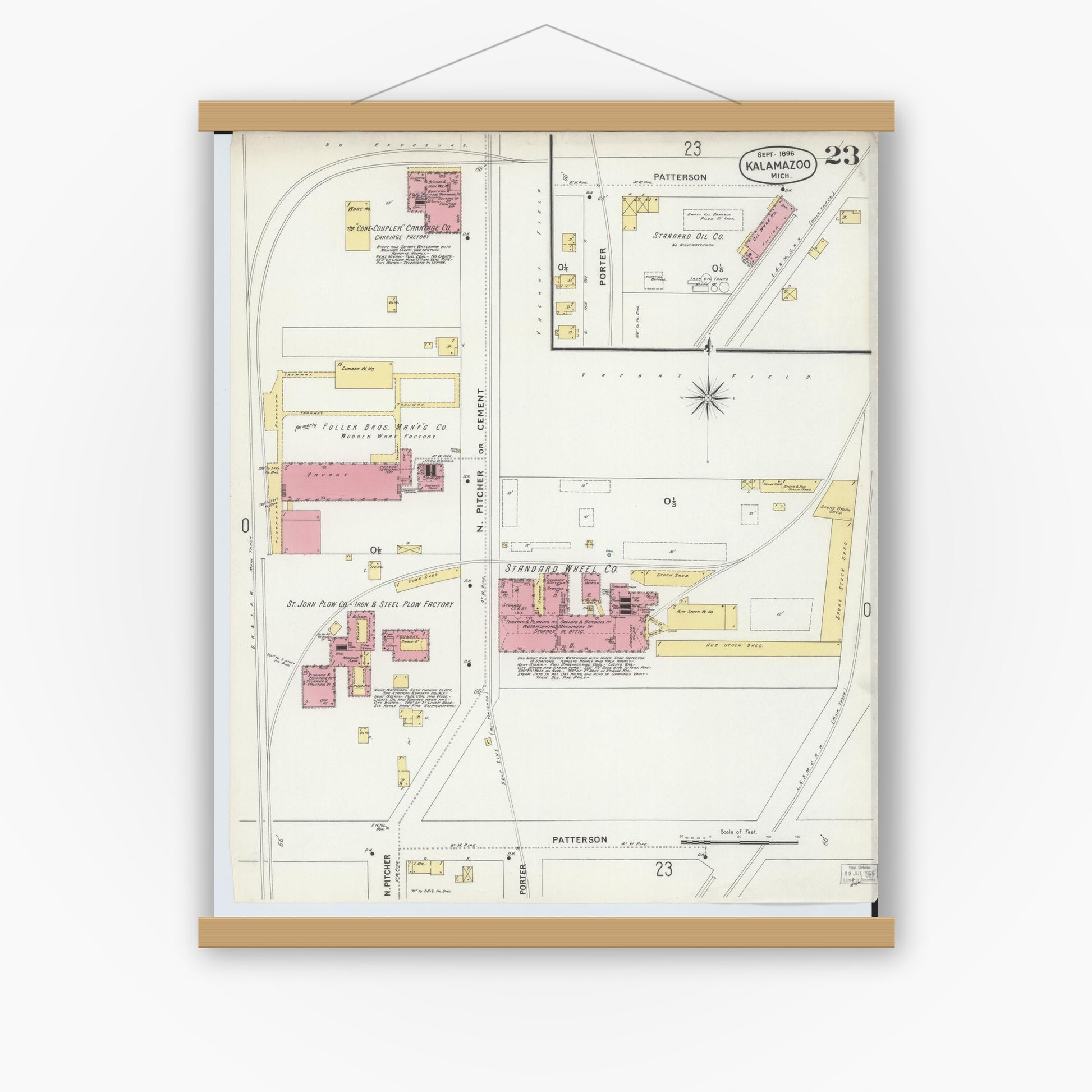 Old map wall art mockup — magnetic wood frame on white wall — Sanborn Fire Insurance Map from Kalamazoo, Kalamazoo County, Michigan (1896), Sheet #0023