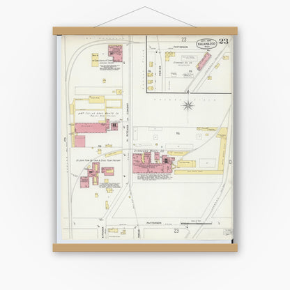 Old map wall art mockup — magnetic wood frame on white wall — Sanborn Fire Insurance Map from Kalamazoo, Kalamazoo County, Michigan (1896), Sheet #0023