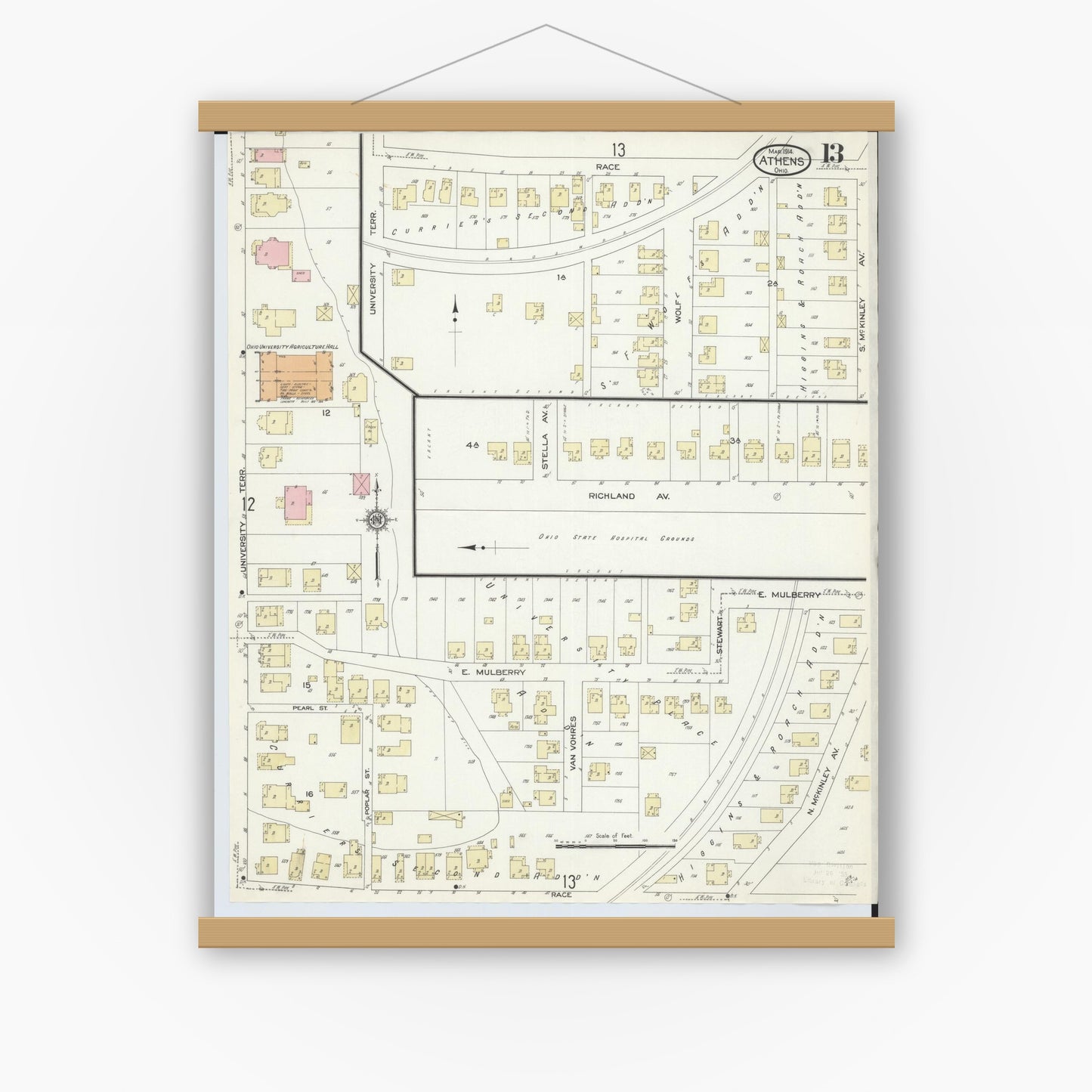 Old map wall art mockup — magnetic wood frame on white wall — Sanborn Fire Insurance Map from Athens, Athens County, Ohio (1914), Sheet #0013