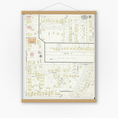 Old map wall art mockup — magnetic wood frame on white wall — Sanborn Fire Insurance Map from Athens, Athens County, Ohio (1914), Sheet #0013