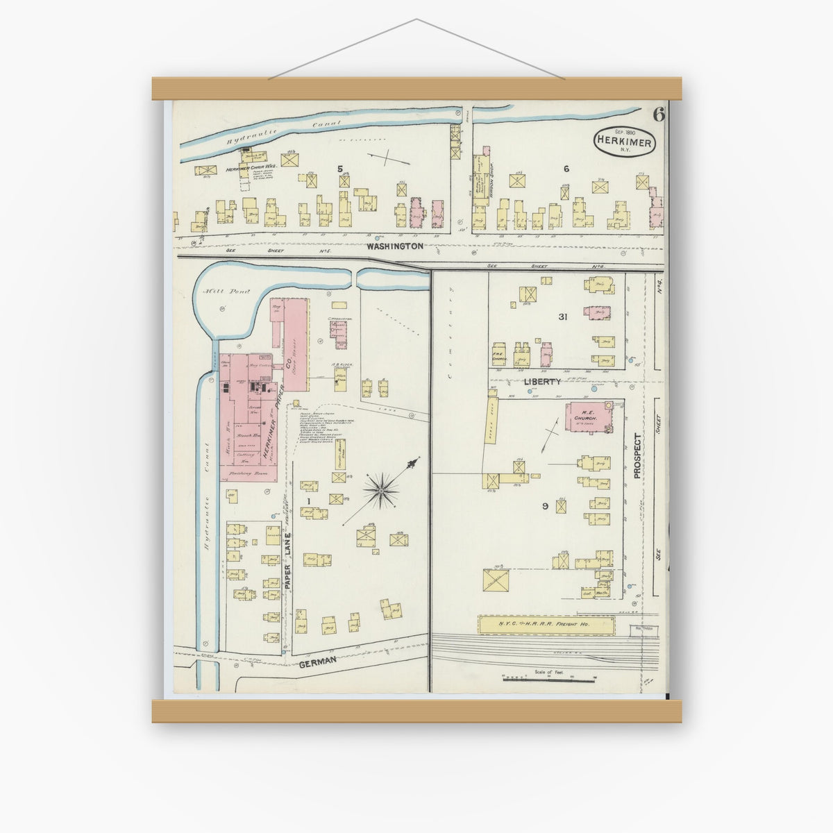 Old map wall art mockup — magnetic wood frame on white wall — Sanborn Fire Insurance Map from Herkimer, Herkimer County, New York (1890), Sheet #0006