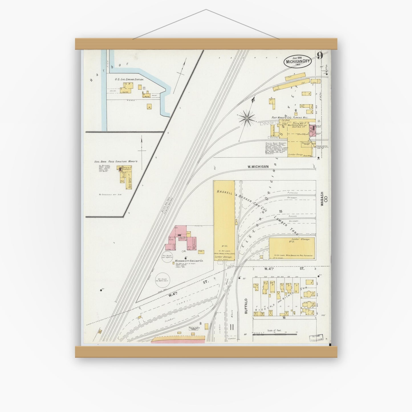 Old map wall art mockup — magnetic wood frame on white wall — Sanborn Fire Insurance Map from Michigan City, La Porte County, Indiana (1899), Sheet #0009