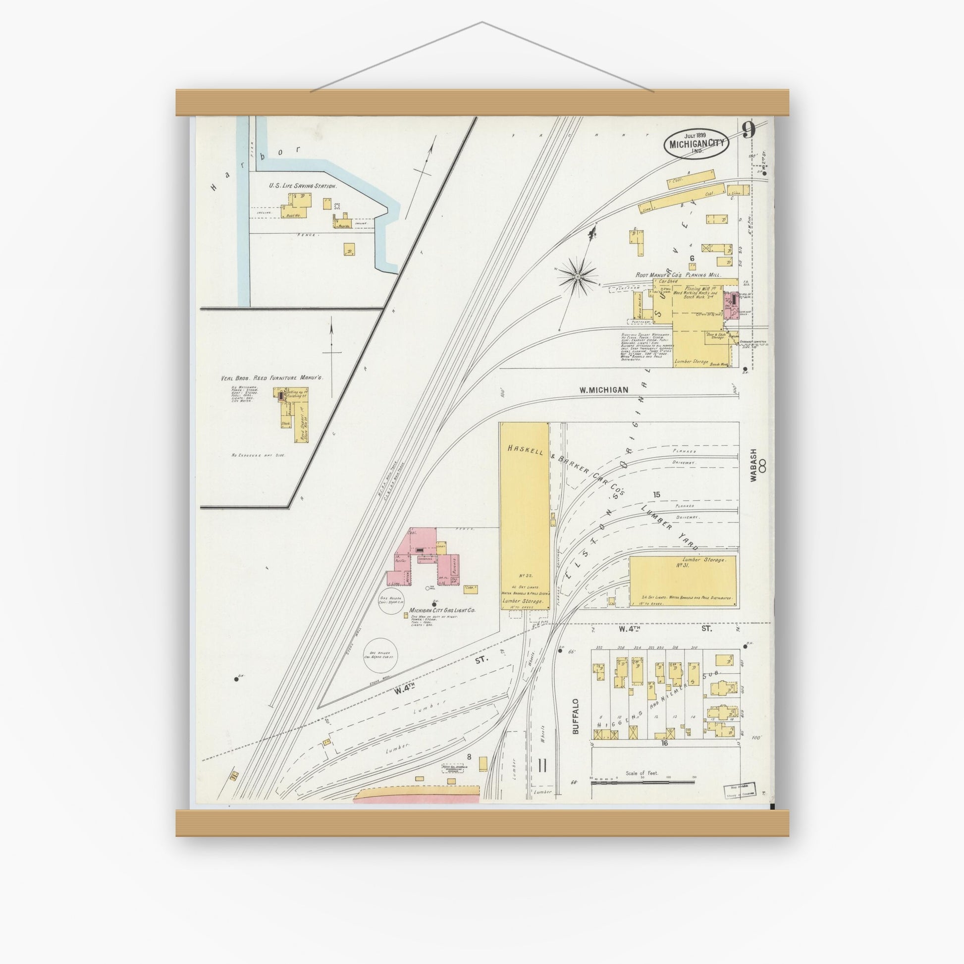 Old map wall art mockup — magnetic wood frame on white wall — Sanborn Fire Insurance Map from Michigan City, La Porte County, Indiana (1899), Sheet #0009