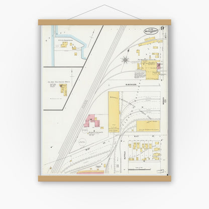 Old map wall art mockup — magnetic wood frame on white wall — Sanborn Fire Insurance Map from Michigan City, La Porte County, Indiana (1899), Sheet #0009