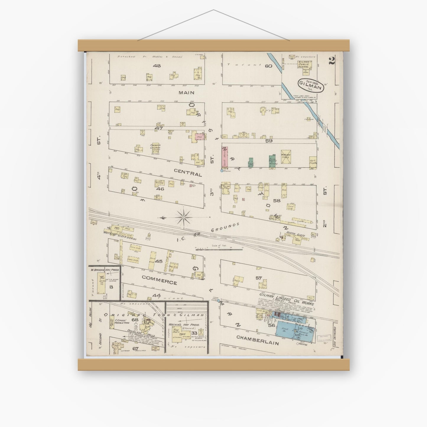 Old map wall art mockup — magnetic wood frame on white wall — Sanborn Fire Insurance Map from Gilman, Iroquois County, Illinois (1885), Sheet #0002