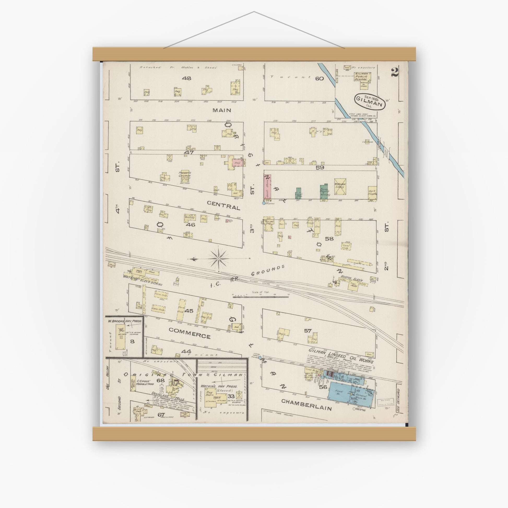 Old map wall art mockup — magnetic wood frame on white wall — Sanborn Fire Insurance Map from Gilman, Iroquois County, Illinois (1885), Sheet #0002