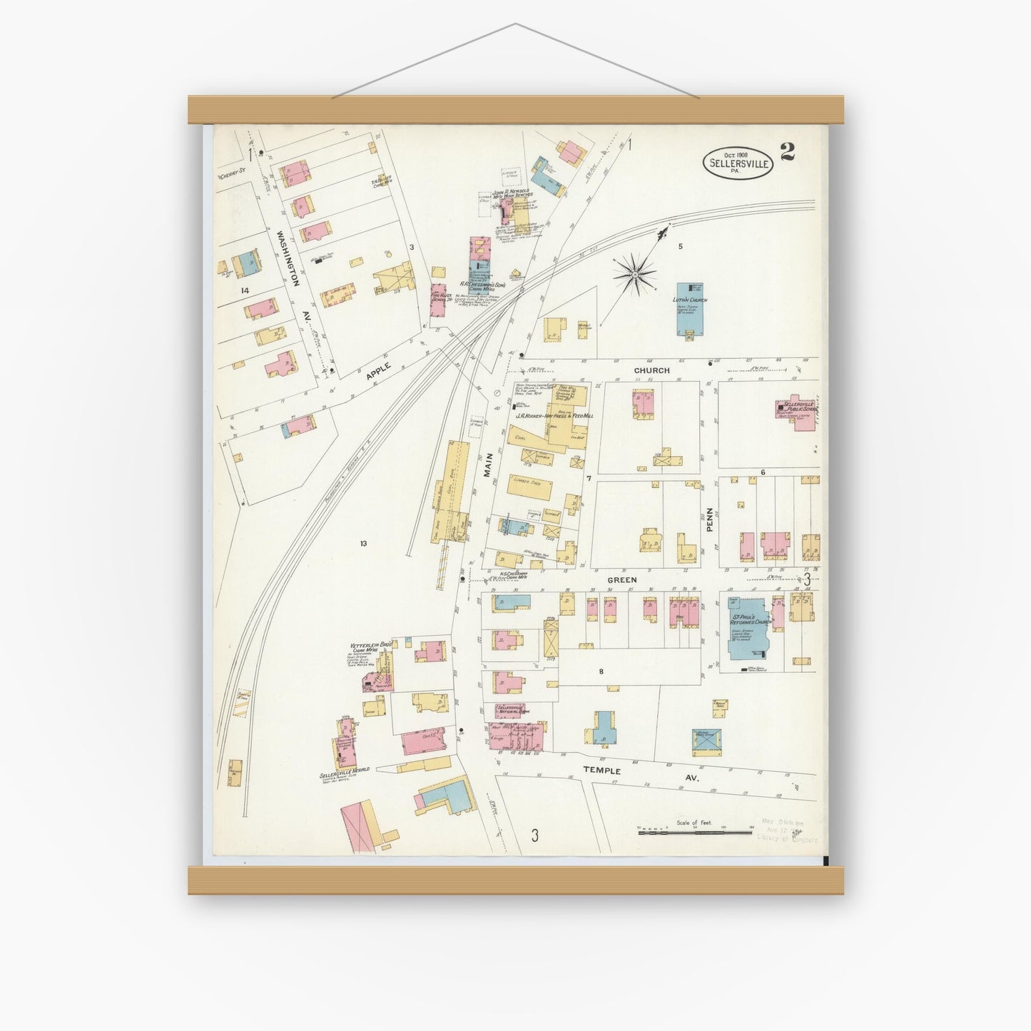 Old map wall art mockup — magnetic wood frame on white wall — Sanborn Fire Insurance Map from Sellersville, Bucks County, Pennsylvania (1908), Sheet #0002