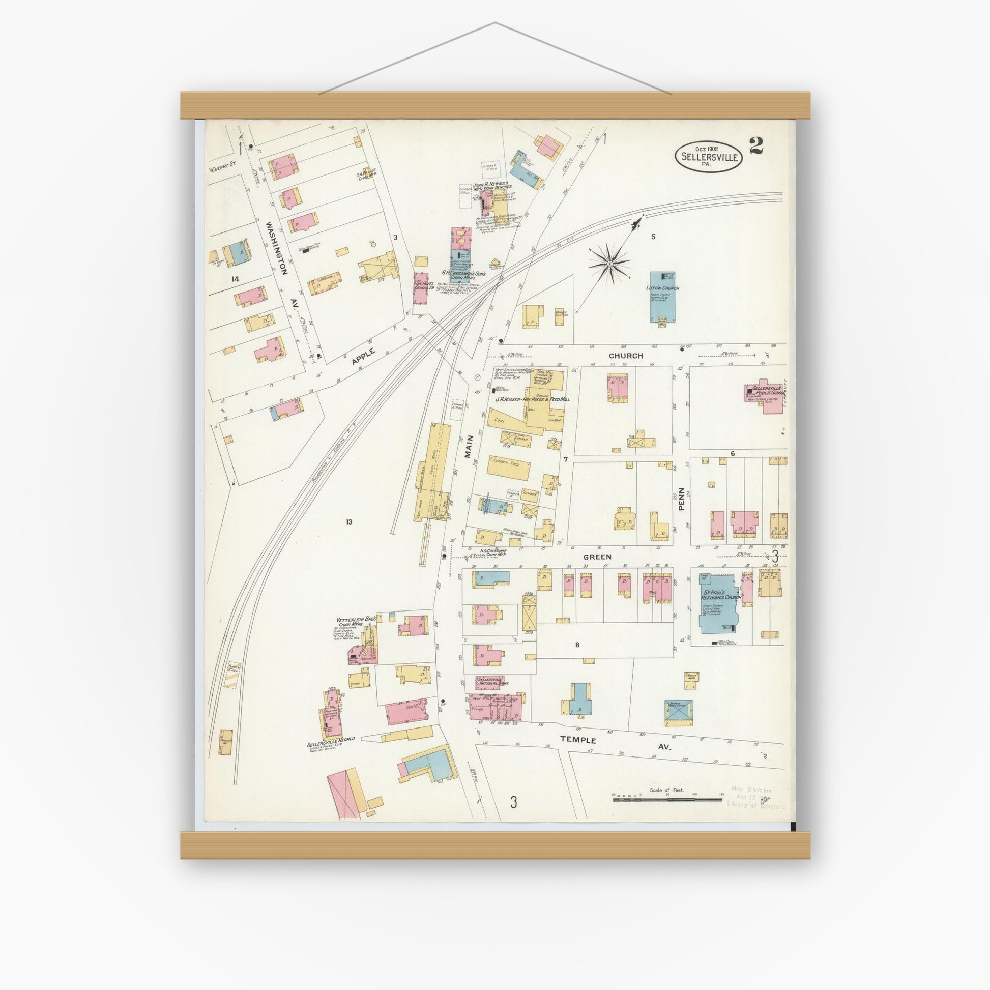 Old map wall art mockup — magnetic wood frame on white wall — Sanborn Fire Insurance Map from Sellersville, Bucks County, Pennsylvania (1908), Sheet #0002