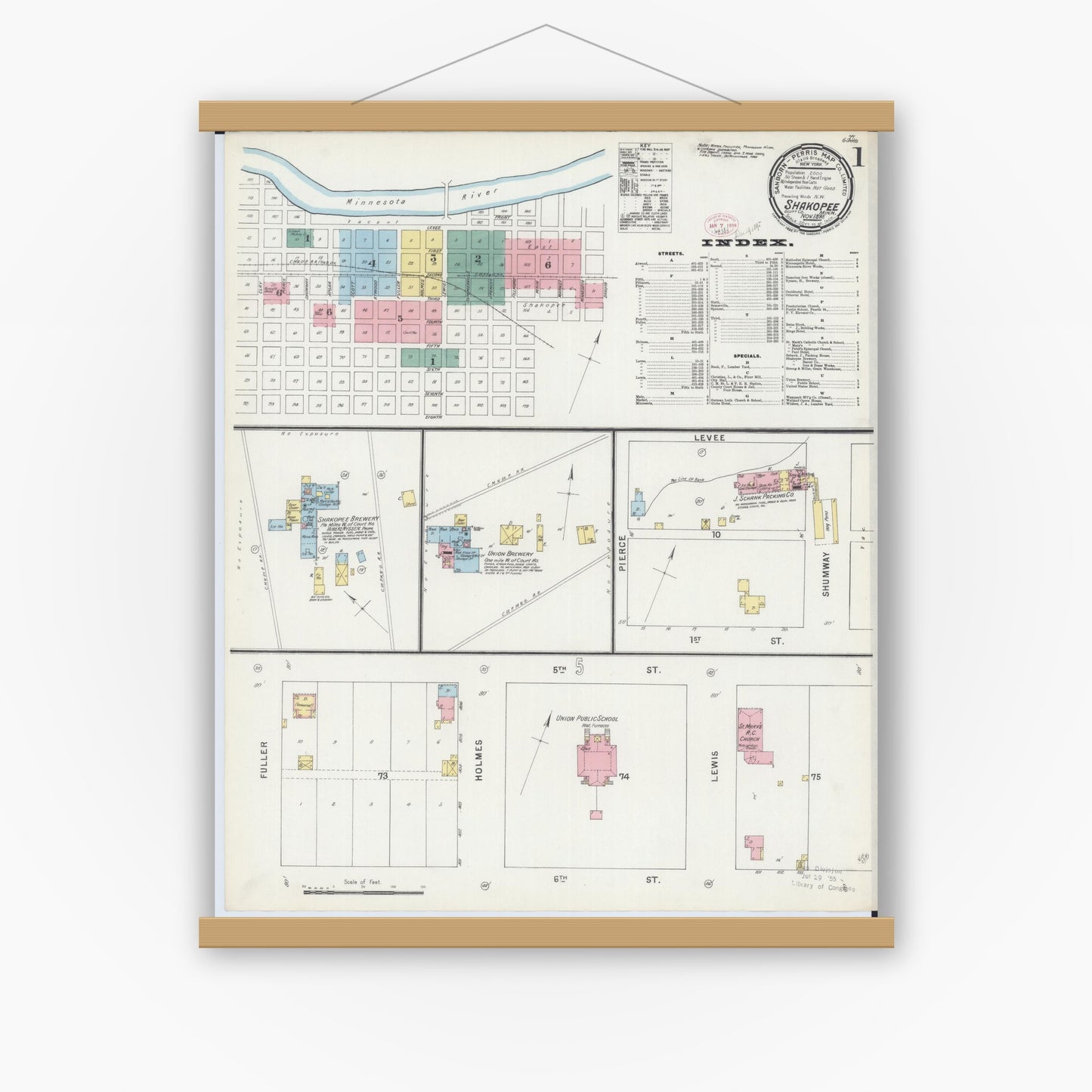 Old map wall art mockup — magnetic wood frame on white wall — Sanborn Fire Insurance Map from Shakopee, Scott County, Minnesota (1895) - Complete Map Set