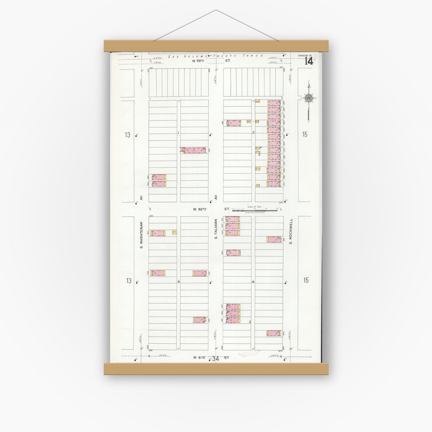 Old map wall art mockup — magnetic wood frame on white wall — Sanborn Fire Insurance Map from Chicago, Cook County, Illinois (1920), Sheet #0014