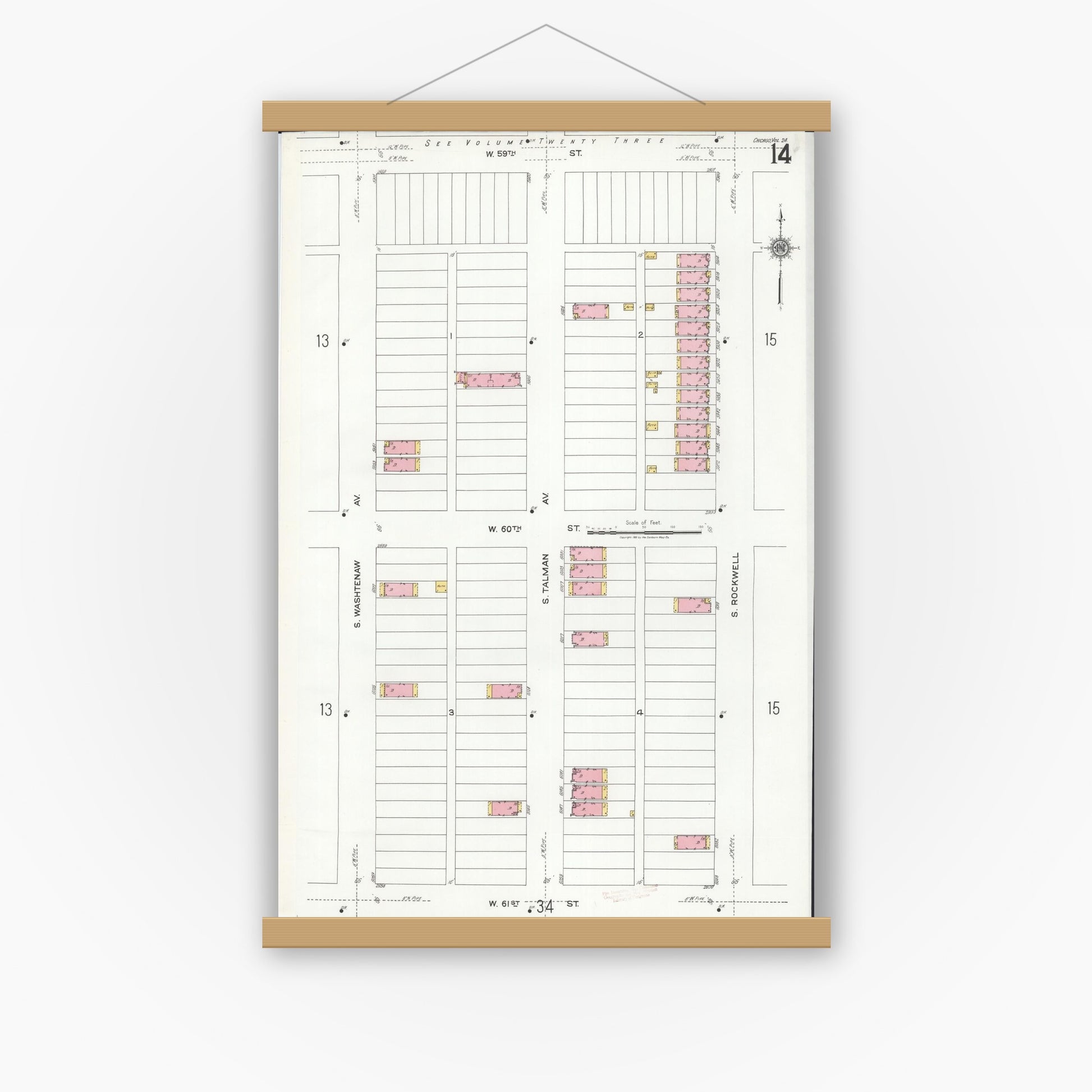 Old map wall art mockup — magnetic wood frame on white wall — Sanborn Fire Insurance Map from Chicago, Cook County, Illinois (1920), Sheet #0014
