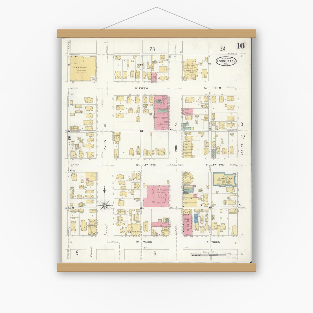 Old map wall art mockup — magnetic wood frame on white wall — Sanborn Fire Insurance Map from Long Beach, Los Angeles County, California (1908), Sheet #0016