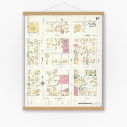 Old map wall art mockup — magnetic wood frame on white wall — Sanborn Fire Insurance Map from Long Beach, Los Angeles County, California (1908), Sheet #0016