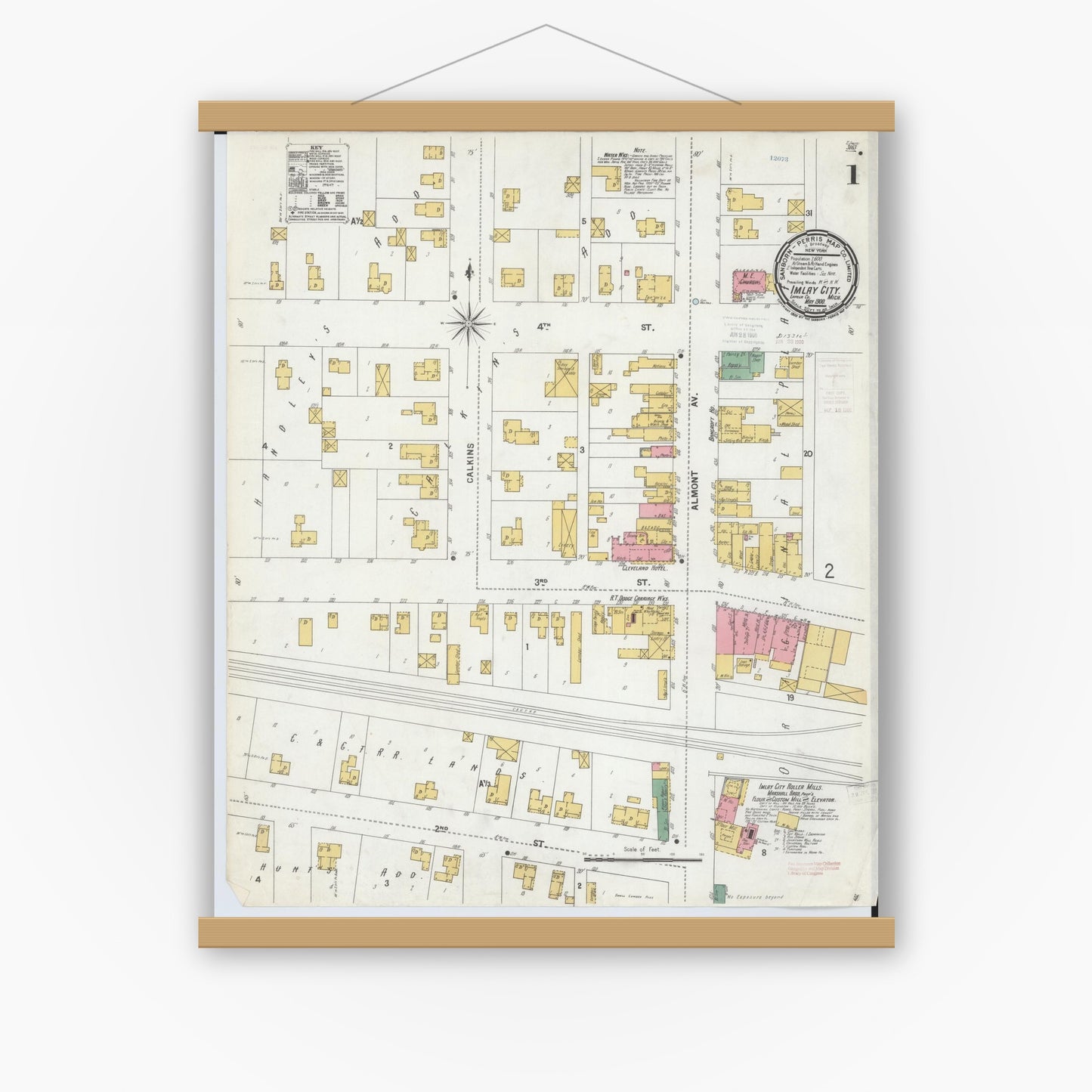 Old map wall art mockup — magnetic wood frame on white wall — Sanborn Fire Insurance Map from Imlay City, Lapeer County, Michigan (1900) - Complete Map Set