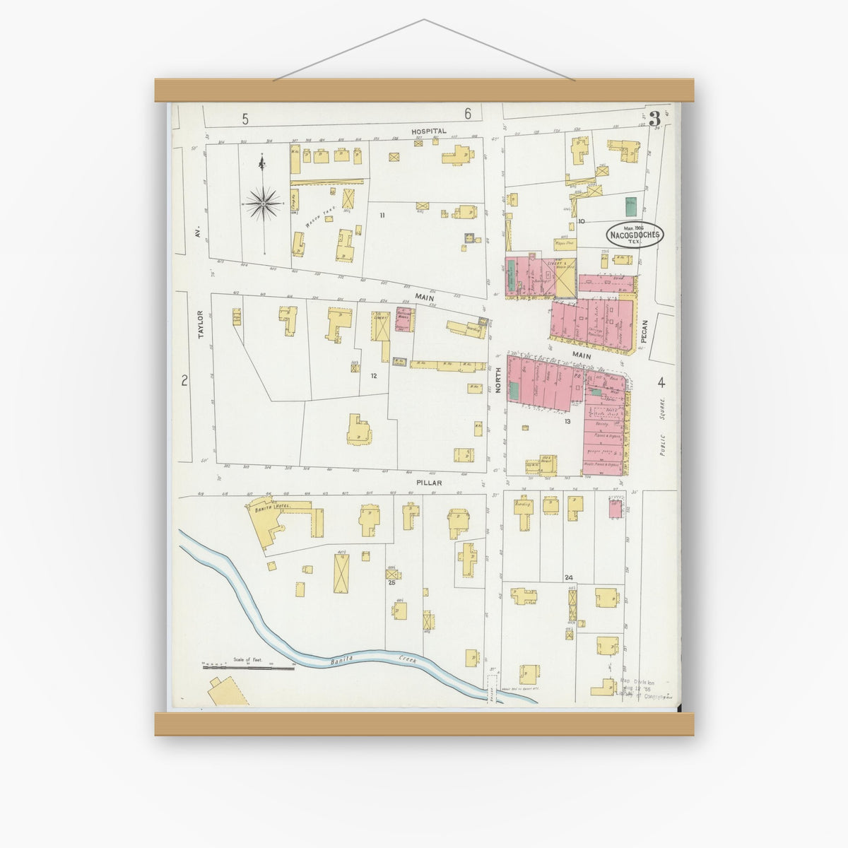 Old map wall art mockup — magnetic wood frame on white wall — Sanborn Fire Insurance Map from Nacogdoches, Nacogdoches County, Texas (1906), Sheet #0003