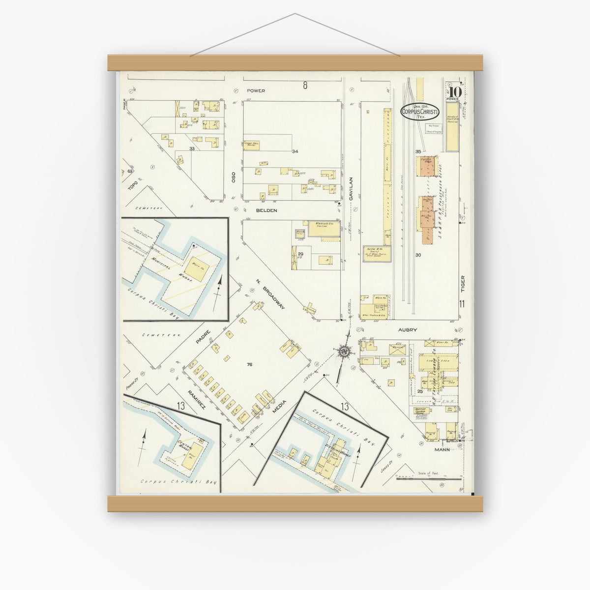 Old map wall art mockup — magnetic wood frame on white wall — Sanborn Fire Insurance Map from Corpus Christi, Nueces County, Texas (1914), Sheet #0010