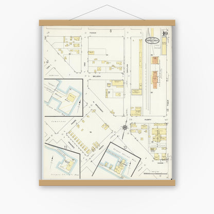 Old map wall art mockup — magnetic wood frame on white wall — Sanborn Fire Insurance Map from Corpus Christi, Nueces County, Texas (1914), Sheet #0010