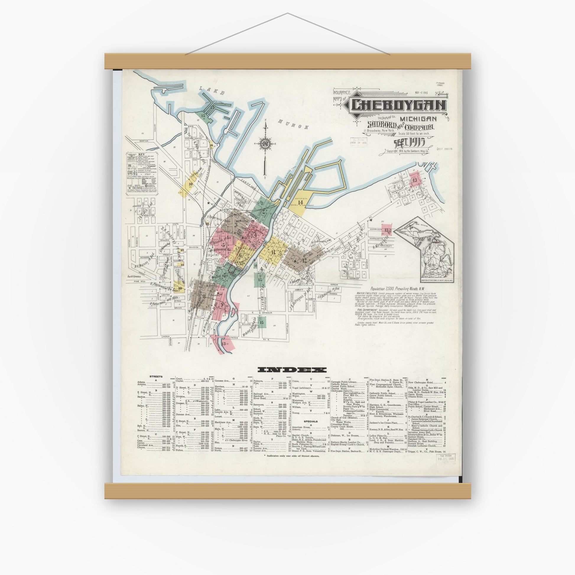 Old map wall art mockup — magnetic wood frame on white wall — Sanborn Fire Insurance Map from Cheboygan, Cheboygan County, Michigan (1915) - Complete Map Set