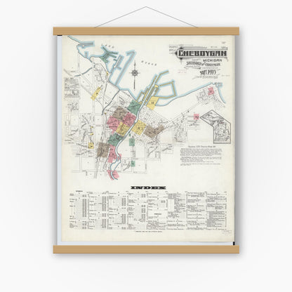 Old map wall art mockup — magnetic wood frame on white wall — Sanborn Fire Insurance Map from Cheboygan, Cheboygan County, Michigan (1915) - Complete Map Set