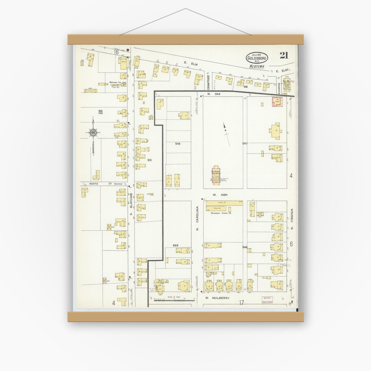 Old map wall art mockup — magnetic wood frame on white wall — Sanborn Fire Insurance Map from Goldsboro, Wayne County, North Carolina (1913), Sheet #0021