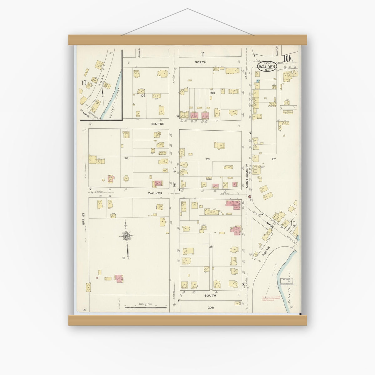Old map wall art mockup — magnetic wood frame on white wall — Sanborn Fire Insurance Map from Walden, Orange County, New York (1913), Sheet #0010
