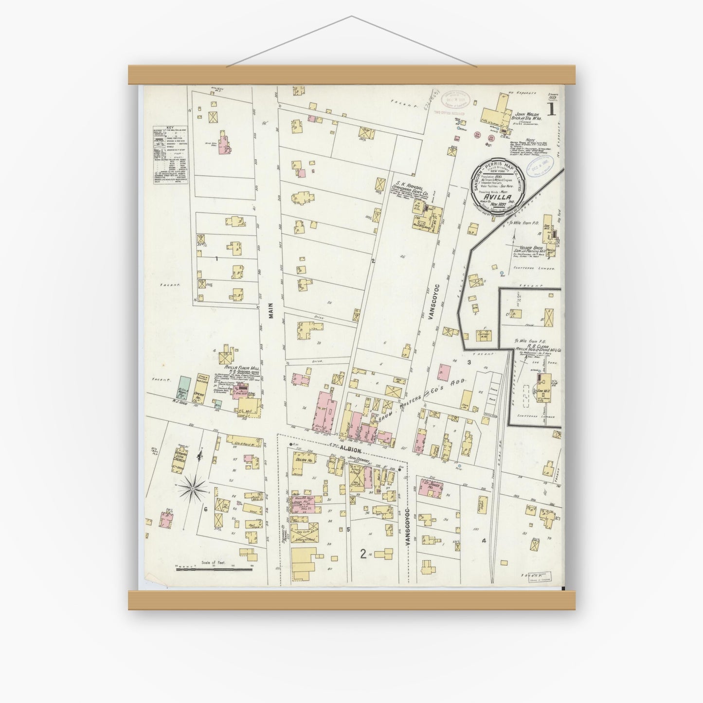 Old map wall art mockup — magnetic wood frame on white wall — Sanborn Fire Insurance Map from Avilla, Noble County, Indiana (1897), Sheet #0001