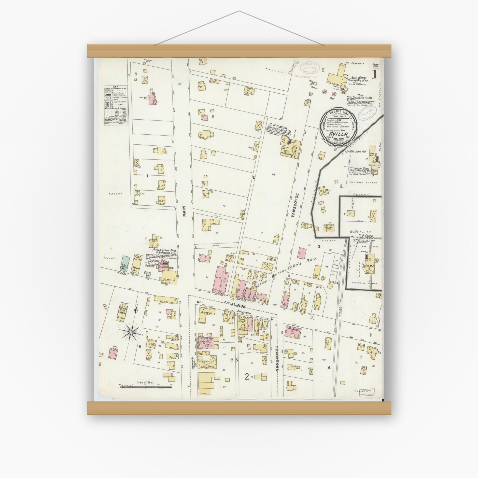 Old map wall art mockup — magnetic wood frame on white wall — Sanborn Fire Insurance Map from Avilla, Noble County, Indiana (1897), Sheet #0001