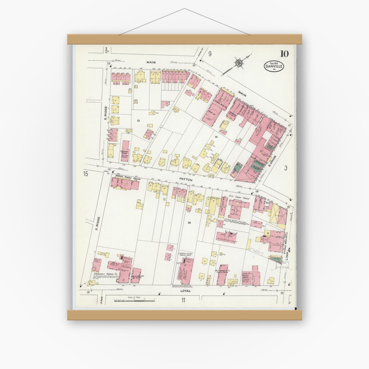 Old map wall art mockup — magnetic wood frame on white wall — Sanborn Fire Insurance Map from Danville, Independent Cities, Virginia (1910), Sheet #0010