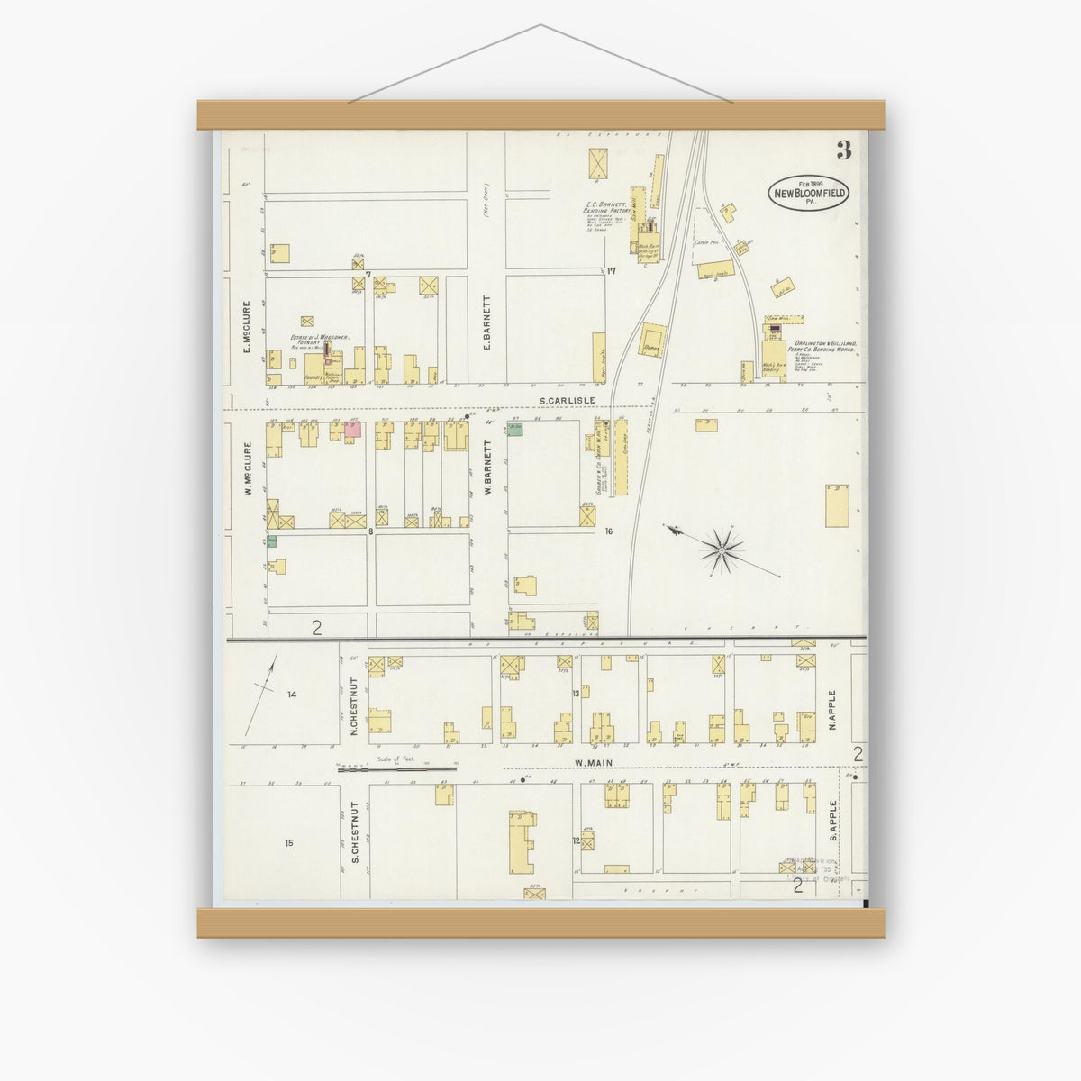 Old map wall art mockup — magnetic wood frame on white wall — Sanborn Fire Insurance Map from New Bloomfield, Perry County, Pennsylvania (1899), Sheet #0003
