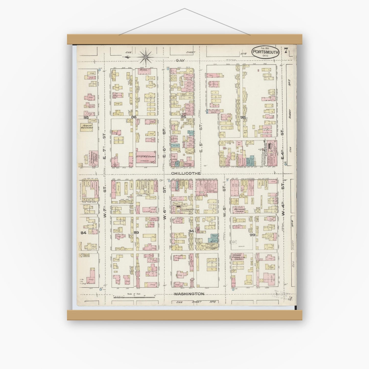 Old map wall art mockup — magnetic wood frame on white wall — Sanborn Fire Insurance Map from Portsmouth, Scioto County, Ohio (1884), Sheet #0007