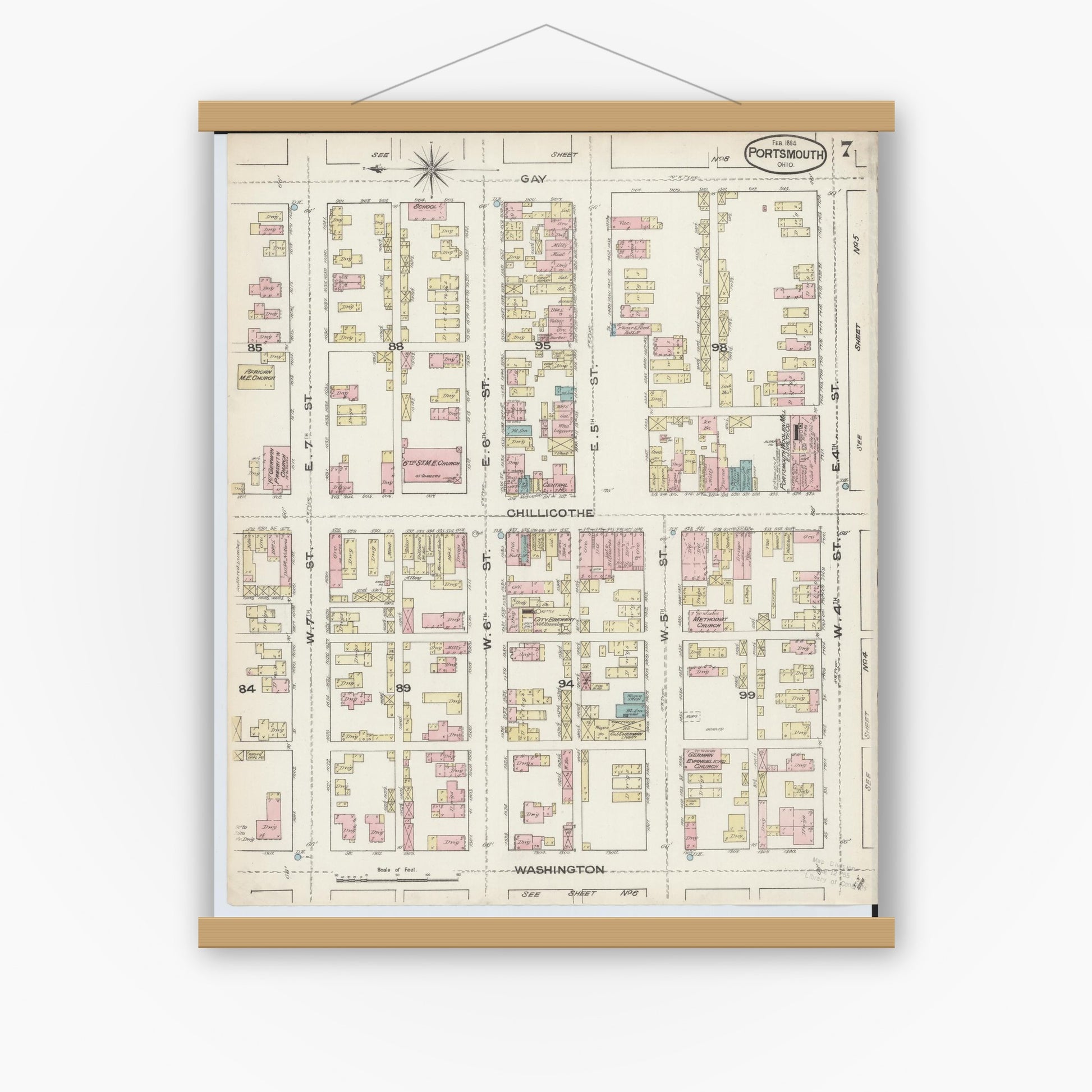 Old map wall art mockup — magnetic wood frame on white wall — Sanborn Fire Insurance Map from Portsmouth, Scioto County, Ohio (1884), Sheet #0007