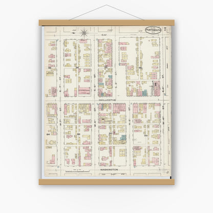 Old map wall art mockup — magnetic wood frame on white wall — Sanborn Fire Insurance Map from Portsmouth, Scioto County, Ohio (1884), Sheet #0007