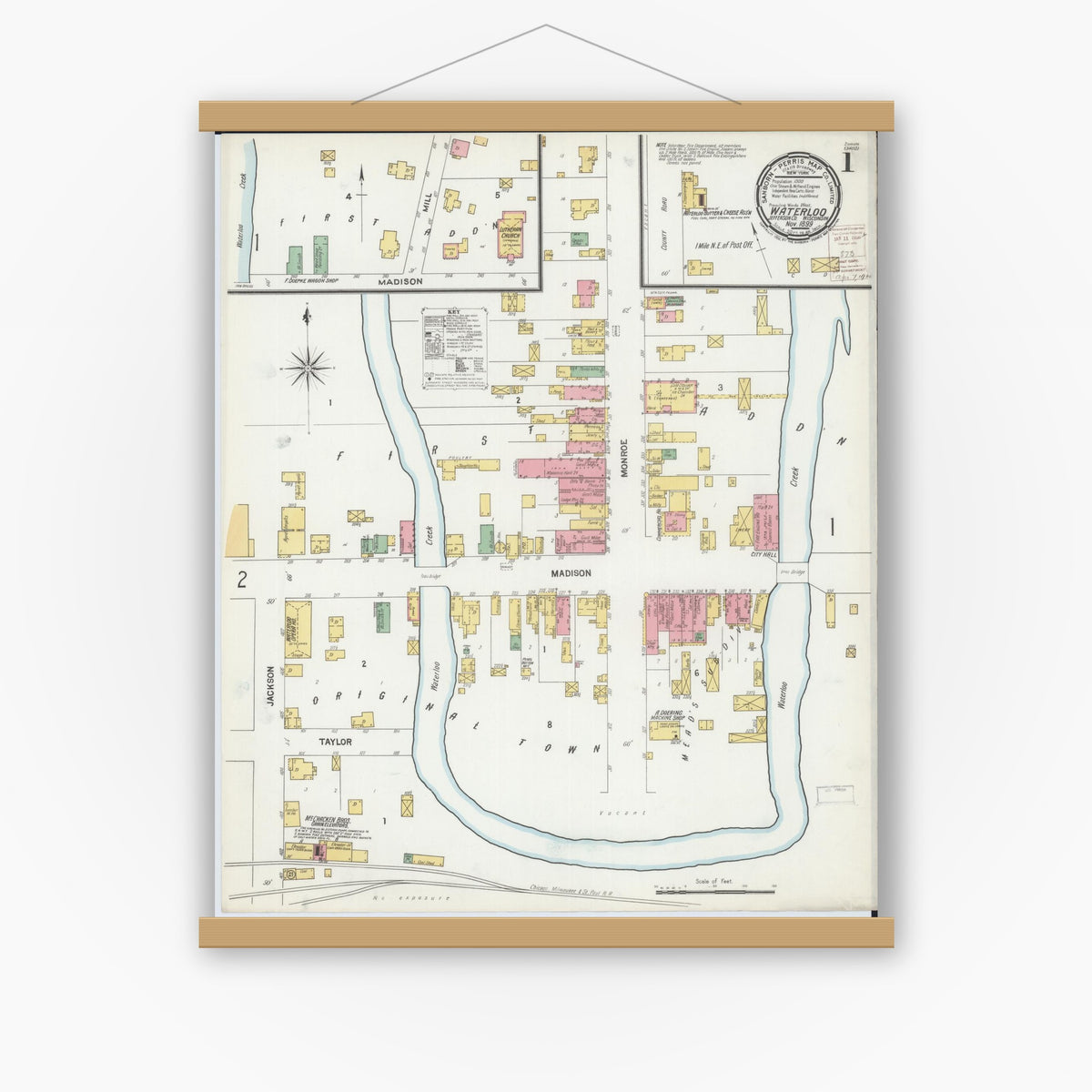 Old map wall art mockup — magnetic wood frame on white wall — Sanborn Fire Insurance Map from Waterloo, Jefferson County, Wisconsin (1899) - Complete Map Set