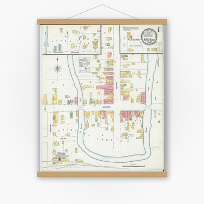 Old map wall art mockup — magnetic wood frame on white wall — Sanborn Fire Insurance Map from Waterloo, Jefferson County, Wisconsin (1899) - Complete Map Set
