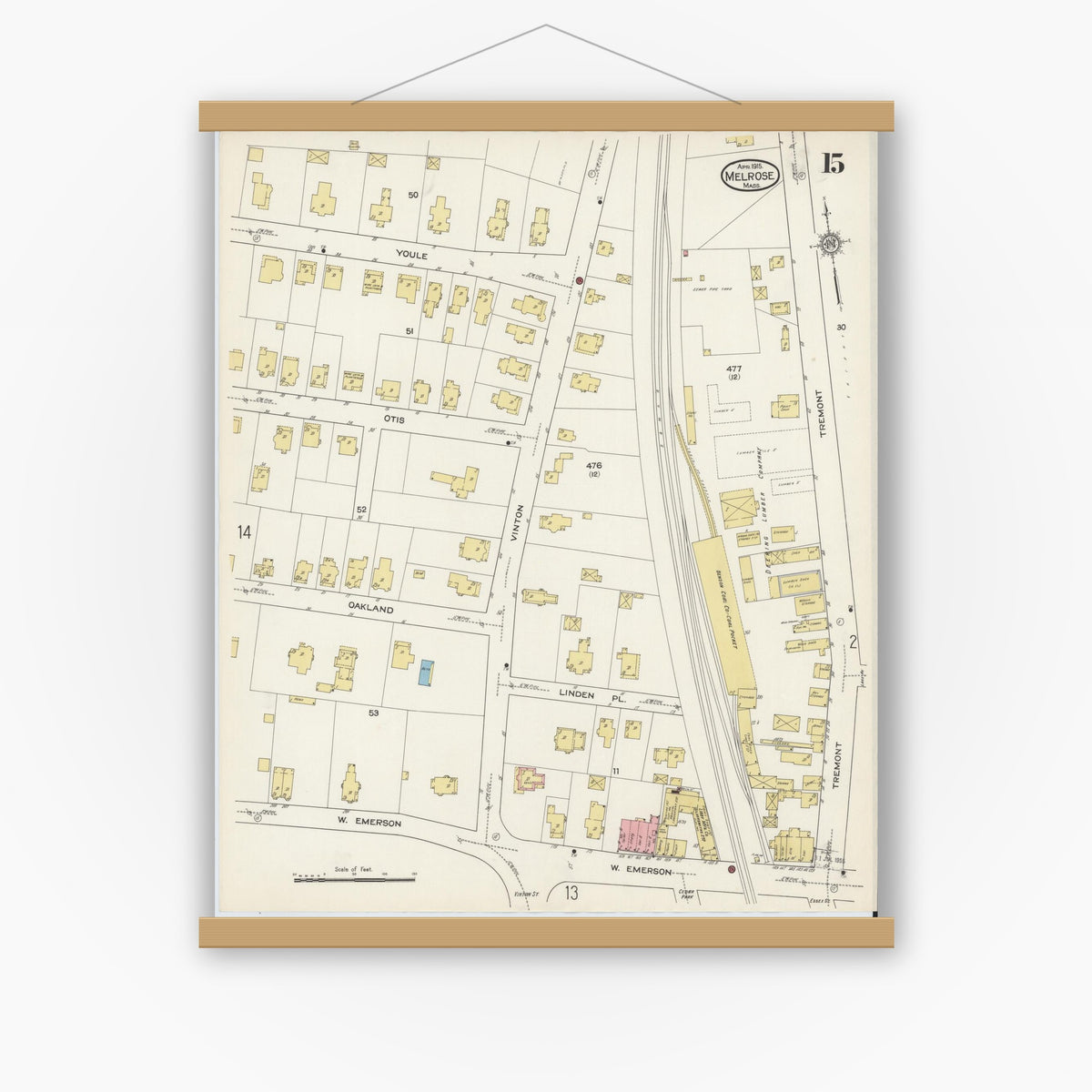 Old map wall art mockup — magnetic wood frame on white wall — Sanborn Fire Insurance Map from Melrose, Middlesex County, Massachusetts (1915), Sheet #0015