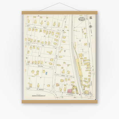 Old map wall art mockup — magnetic wood frame on white wall — Sanborn Fire Insurance Map from Melrose, Middlesex County, Massachusetts (1915), Sheet #0015