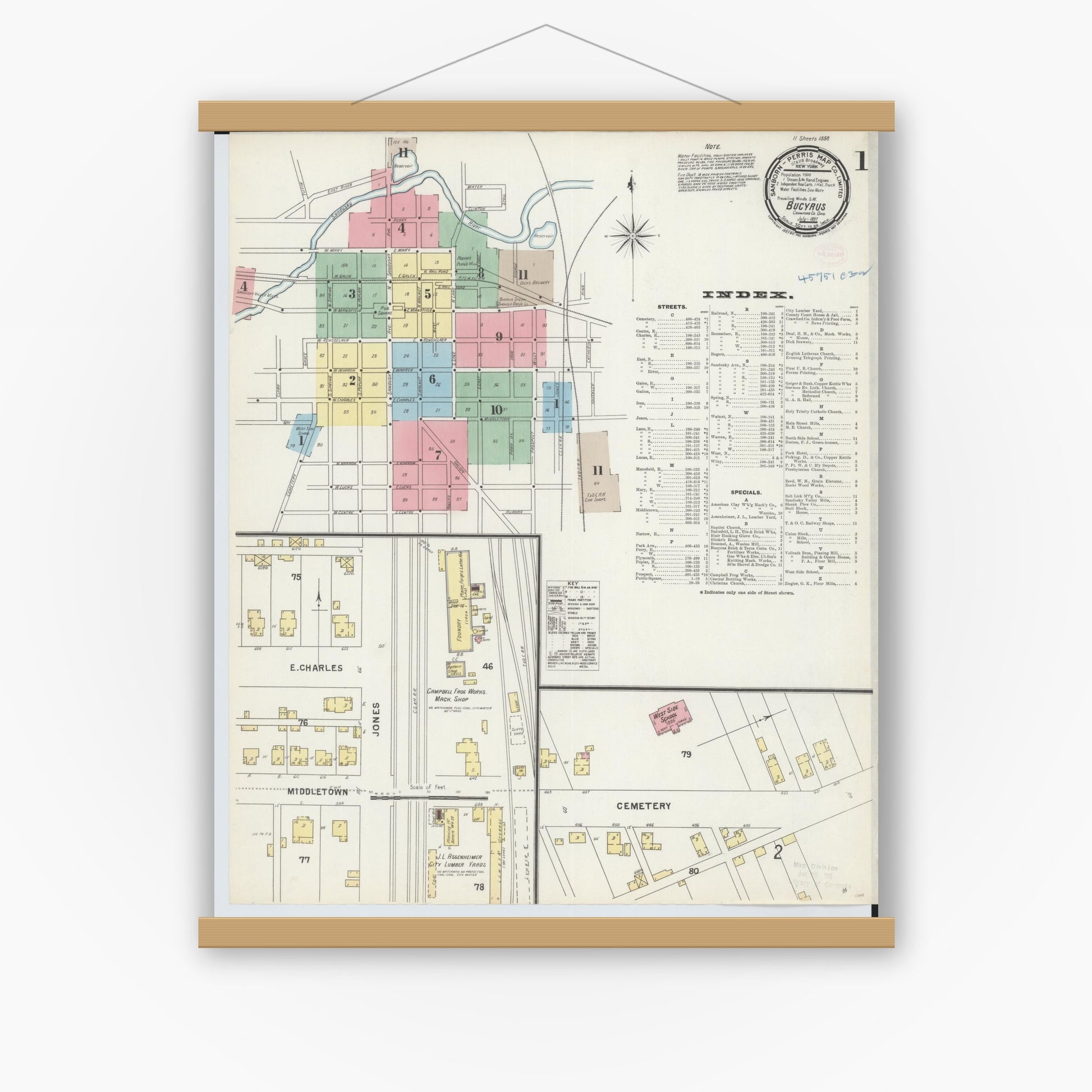 Old map wall art mockup — magnetic wood frame on white wall — Sanborn Fire Insurance Map from Bucyrus, Crawford County, Ohio (1897), Sheet #0001