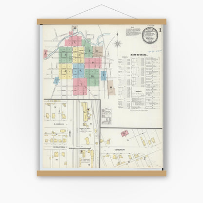 Old map wall art mockup — magnetic wood frame on white wall — Sanborn Fire Insurance Map from Bucyrus, Crawford County, Ohio (1897), Sheet #0001