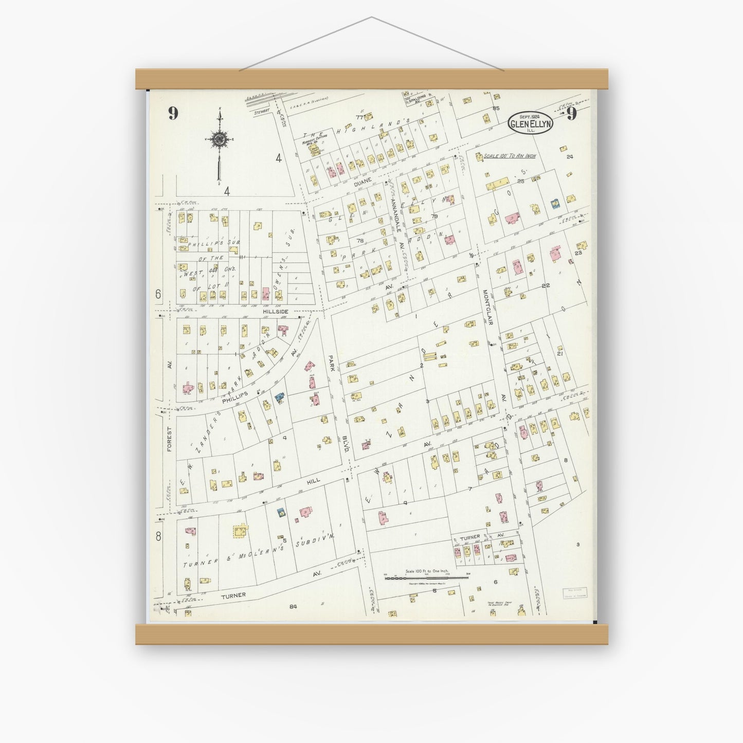 Old map wall art mockup — magnetic wood frame on white wall — Sanborn Fire Insurance Map from Glen Ellyn, Du Page County, Illinois (1924), Sheet #0009