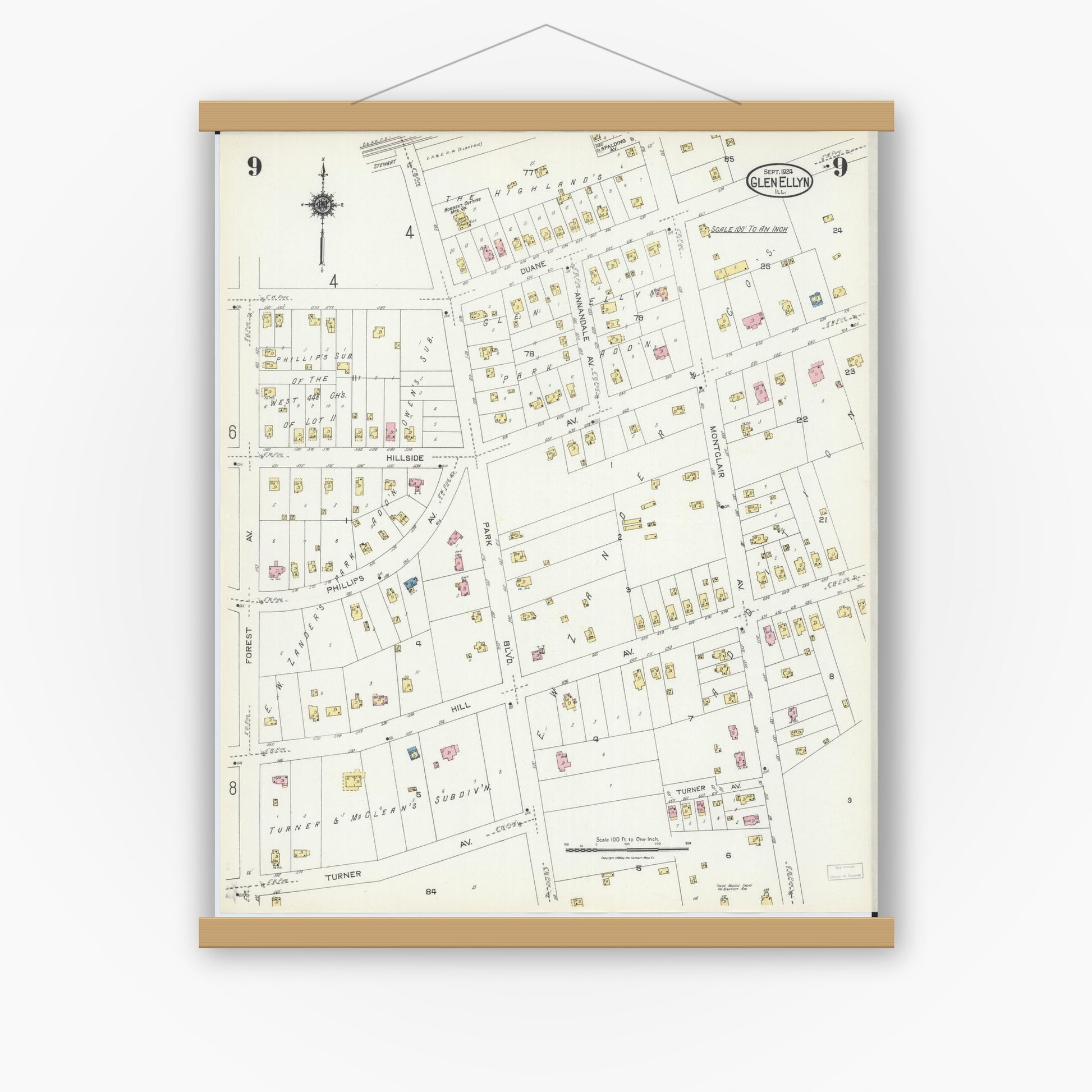 Old map wall art mockup — magnetic wood frame on white wall — Sanborn Fire Insurance Map from Glen Ellyn, Du Page County, Illinois (1924), Sheet #0009