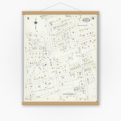 Old map wall art mockup — magnetic wood frame on white wall — Sanborn Fire Insurance Map from Glen Ellyn, Du Page County, Illinois (1924), Sheet #0009
