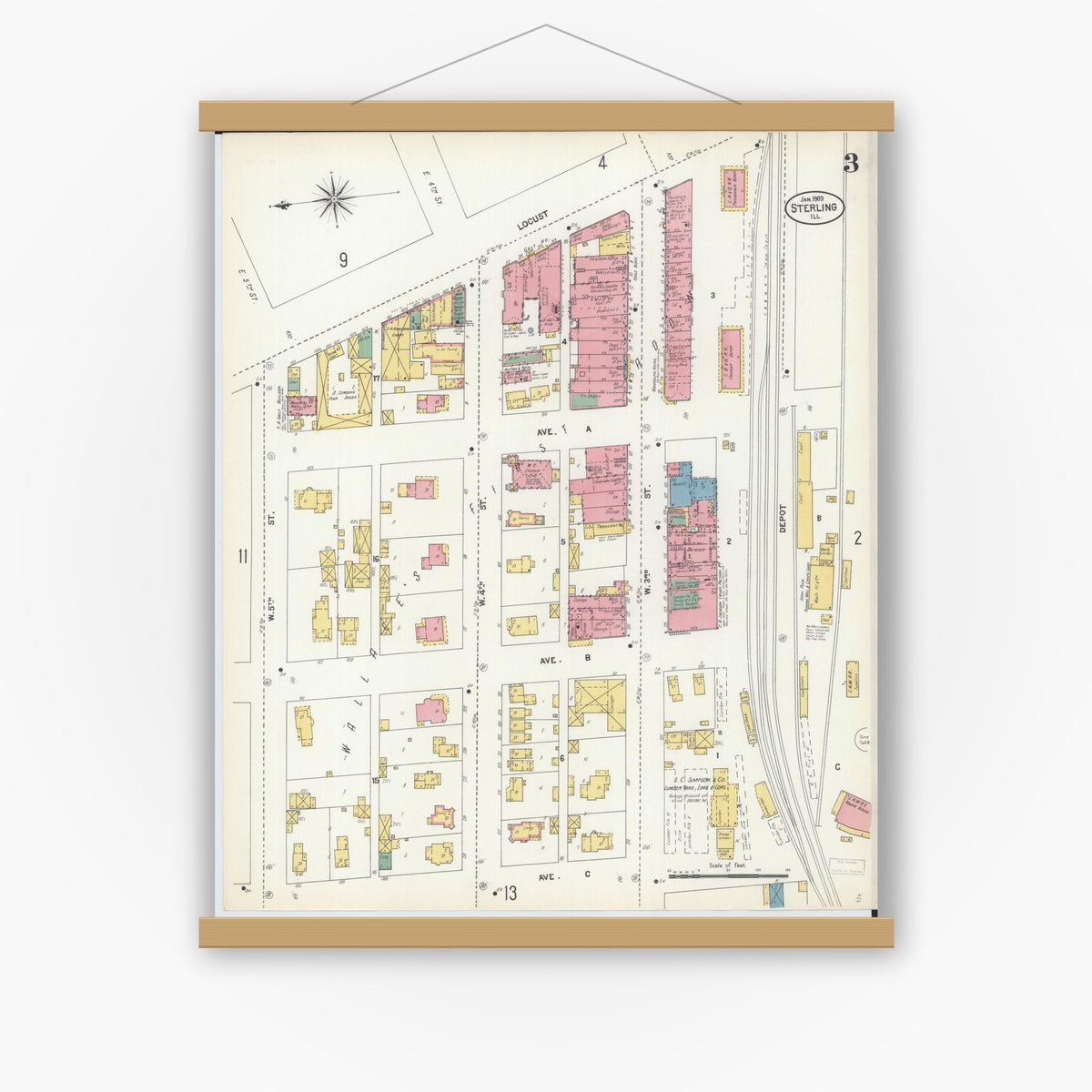 Old map wall art mockup — magnetic wood frame on white wall — Sanborn Fire Insurance Map from Sterling, Whiteside County, Illinois (1903), Sheet #0003
