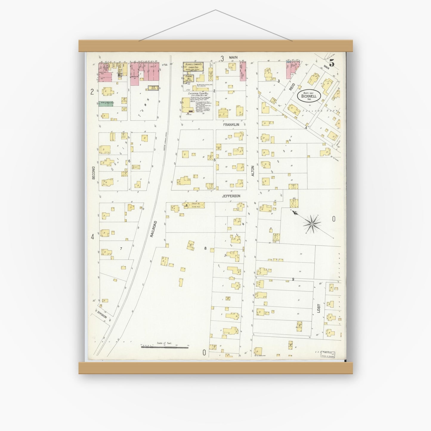 Old map wall art mockup — magnetic wood frame on white wall — Sanborn Fire Insurance Map from Bicknell, Knox County, Indiana (1907), Sheet #0005