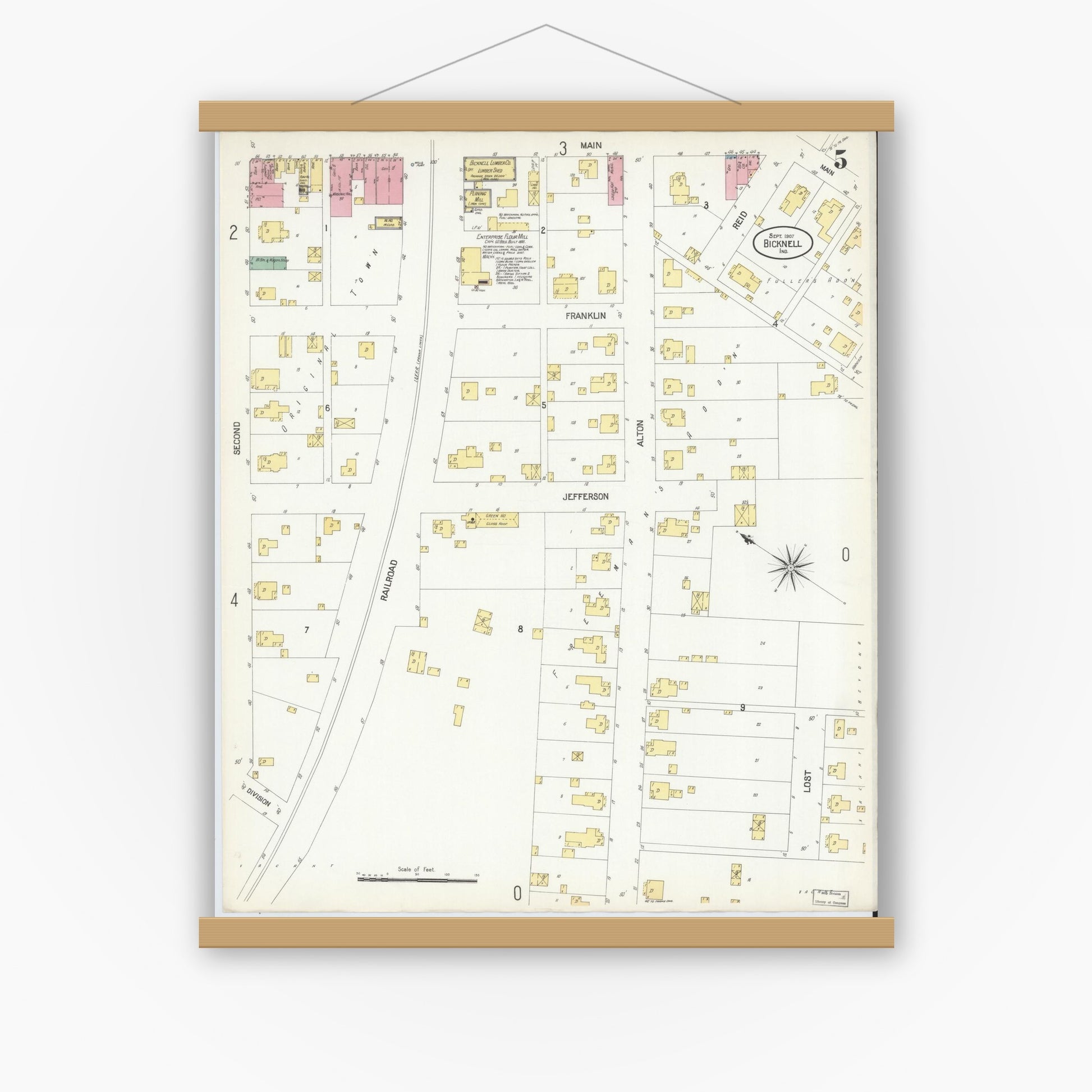 Old map wall art mockup — magnetic wood frame on white wall — Sanborn Fire Insurance Map from Bicknell, Knox County, Indiana (1907), Sheet #0005
