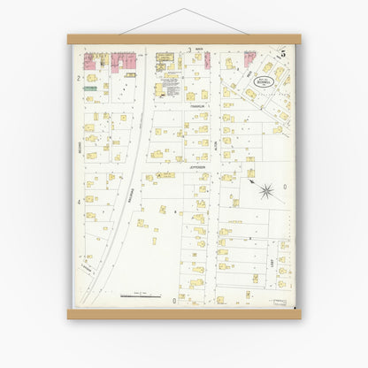 Old map wall art mockup — magnetic wood frame on white wall — Sanborn Fire Insurance Map from Bicknell, Knox County, Indiana (1907), Sheet #0005