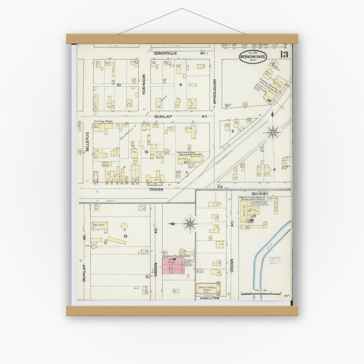 Old map wall art mockup — magnetic wood frame on white wall — Sanborn Fire Insurance Map from Menominee, Menominee County, Michigan (1890), Sheet #0013