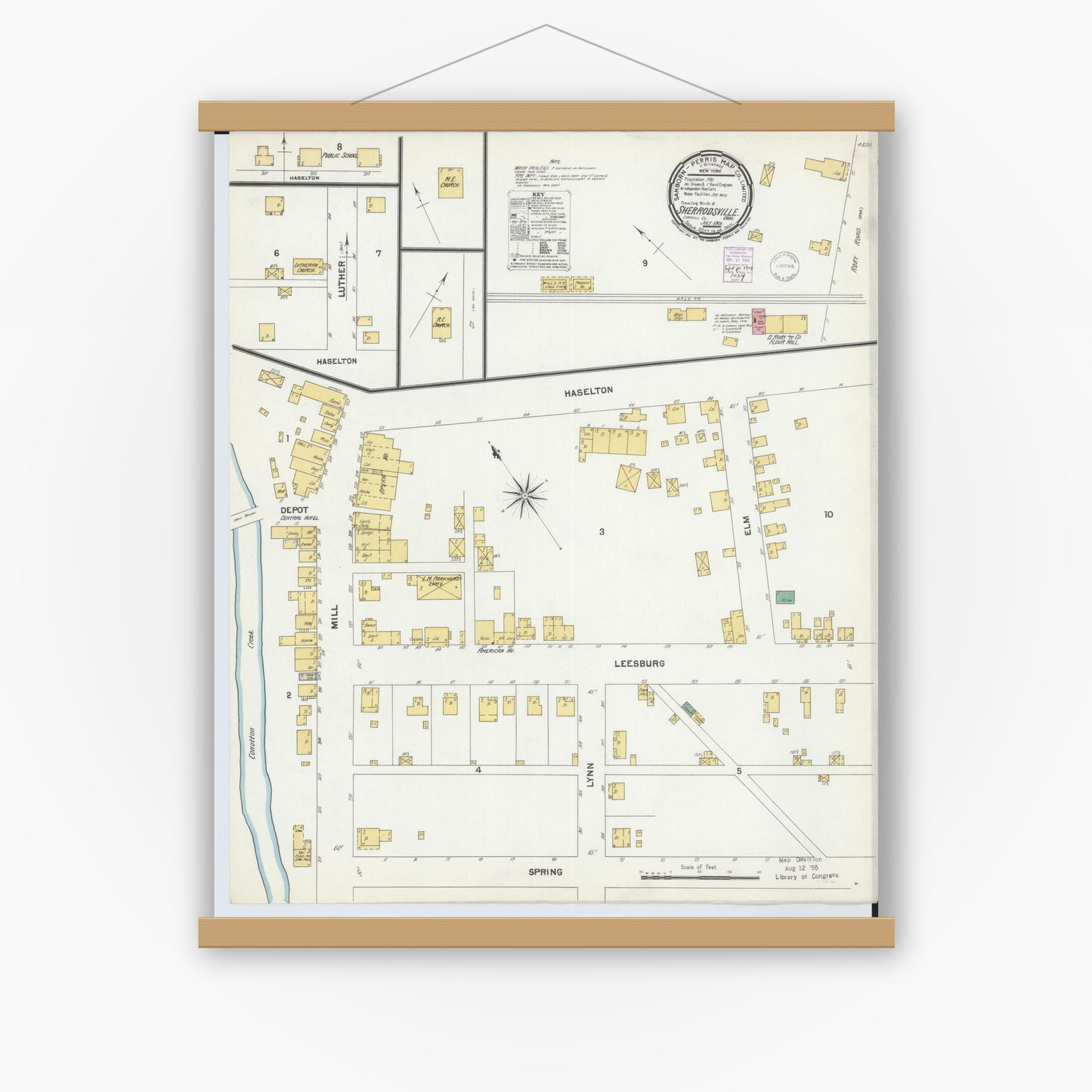 Old map wall art mockup — magnetic wood frame on white wall — Sanborn Fire Insurance Map from Sherrodsville, Carroll County, Ohio (1901), Sheet #0001