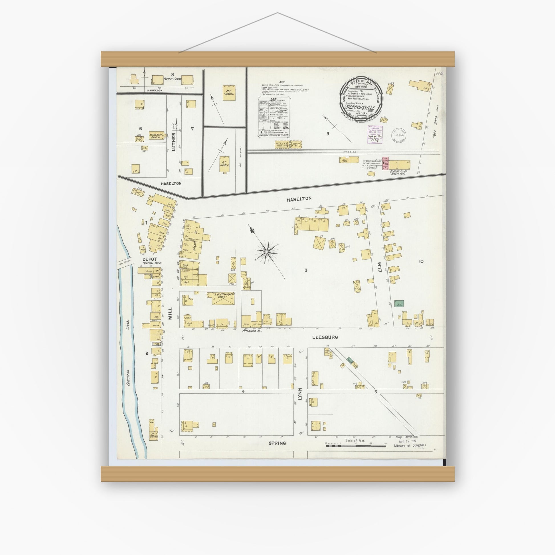 Old map wall art mockup — magnetic wood frame on white wall — Sanborn Fire Insurance Map from Sherrodsville, Carroll County, Ohio (1901), Sheet #0001