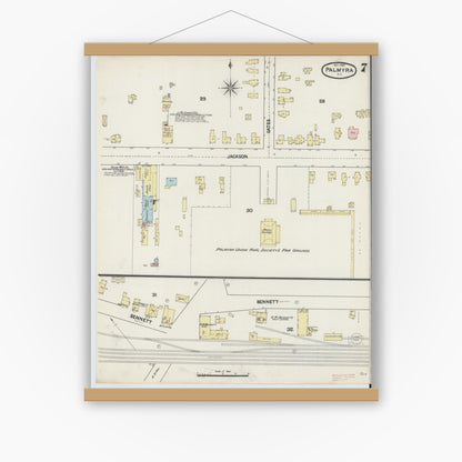 Old map wall art mockup — magnetic wood frame on white wall — Sanborn Fire Insurance Map from Palmyra, Wayne County, New York (1889), Sheet #0007