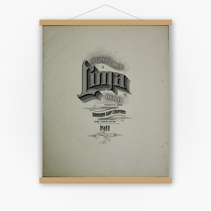 Old map wall art mockup — magnetic wood frame on white wall — Sanborn Fire Insurance Map from Lima, Allen County, Ohio (1911), Sheet #0001